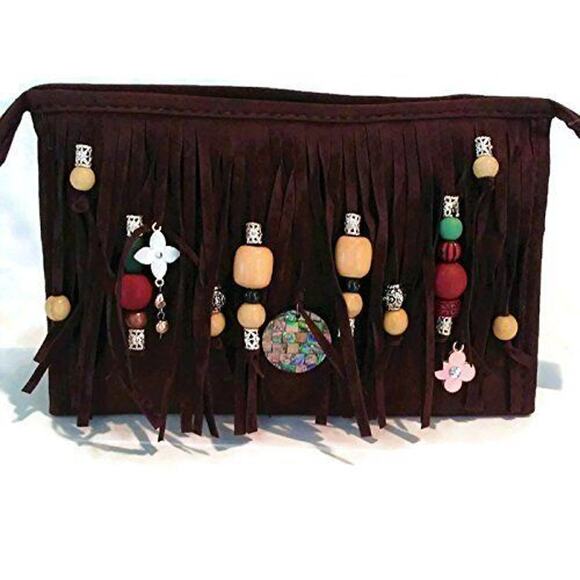 CROSSBODY BROWN Fringed Purse BOHEMIAN Luxury Gold Chain Charms Flower Gypsy NEW - Picture 2 of 15